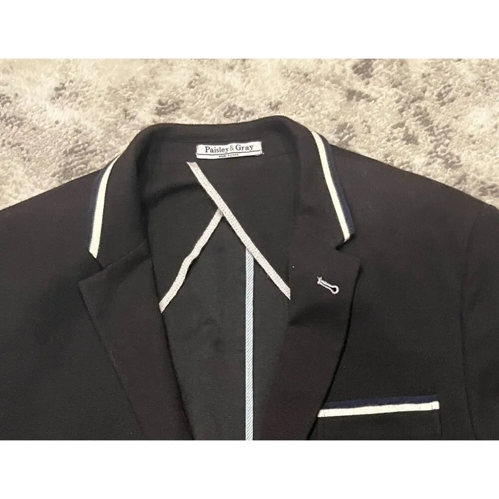 Paisley & Gray Men's Black Knit Blazer White Contrast Piping Pockets Sz XL